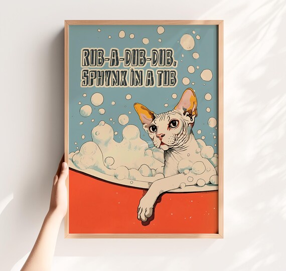 Funny Sphynx Cat Bubble Bath Retro Teal Bathroom Pop Art Poster