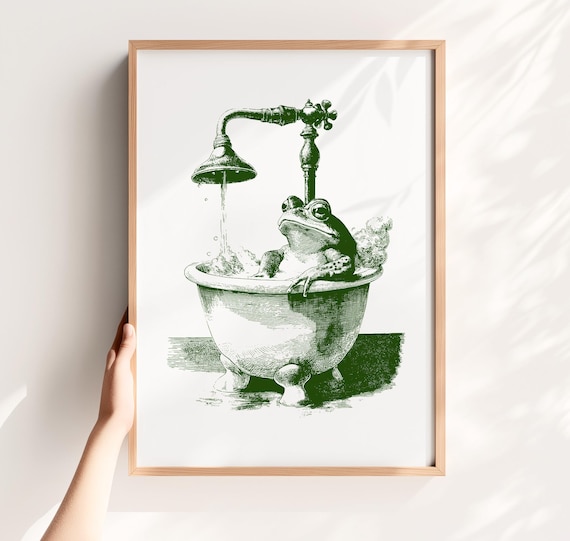Frog Relaxing In Vintage Bathtub Green Engraving Funny Bathroom Art Poster