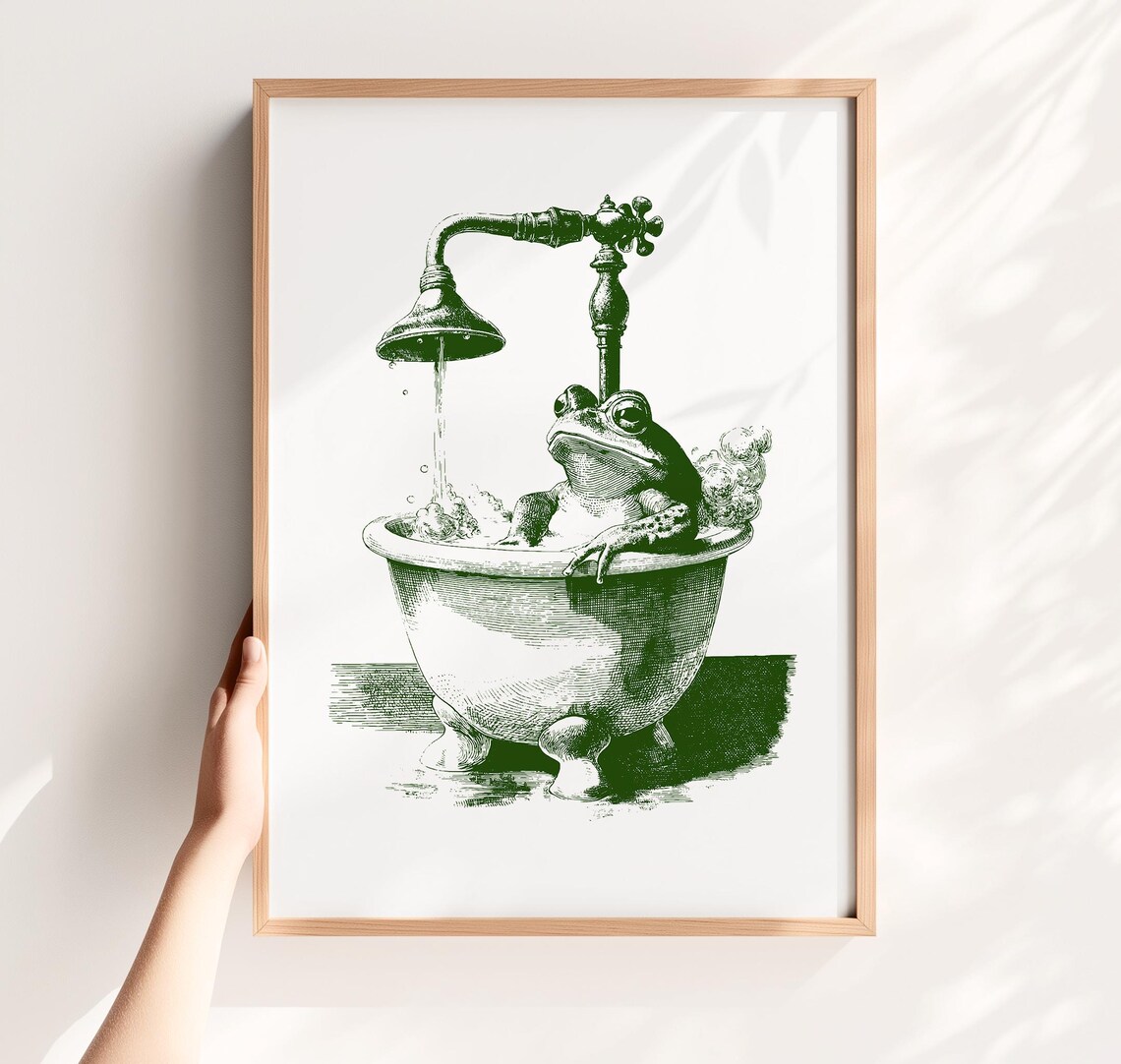 Frog Relaxing In Vintage Bathtub Green Engraving Funny Bathroom Art Poster