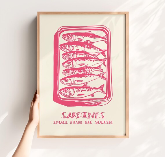 Pink Sardines Tin Vintage Food Illustration Funny Kitchen Poster
