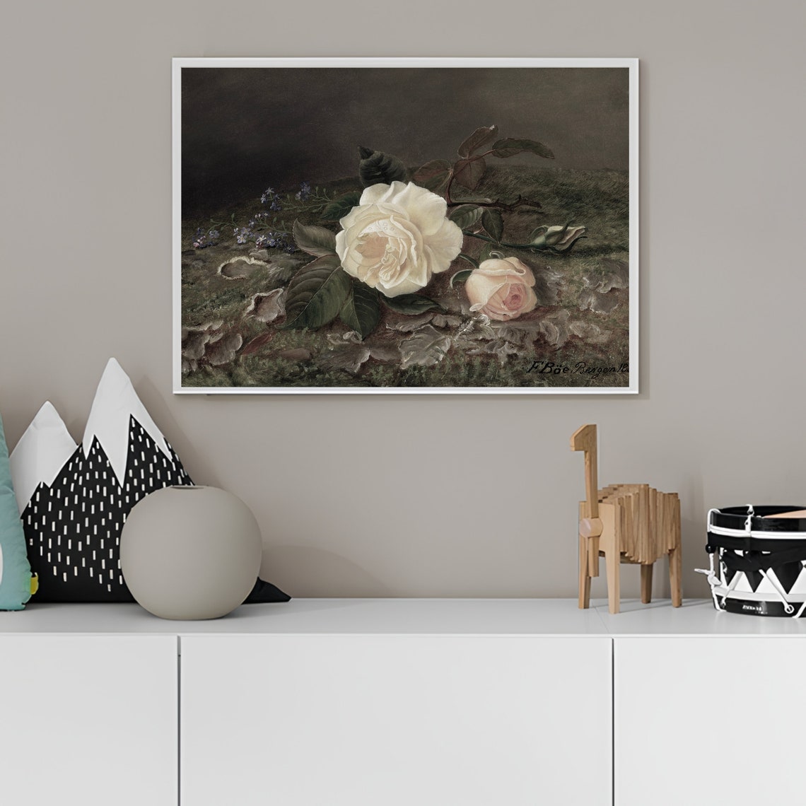 Vintage White Rose Bouquet on a Dark Background Floral Poster - Image 3