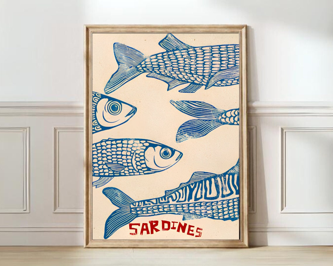 Vintage Sardines Fish Market Illustration Kitchen Art Poster
