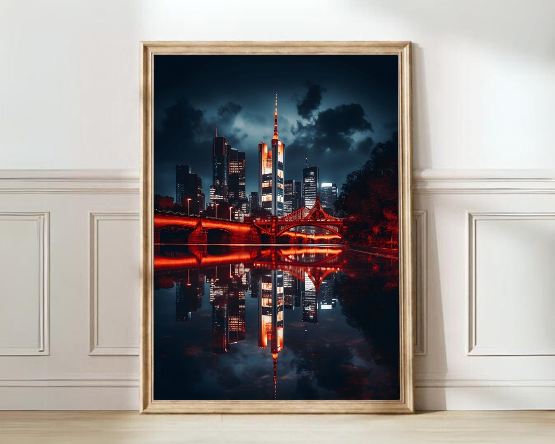 Frankfurt Germany Night Skyline Red Bridge River Reflection Art Poster