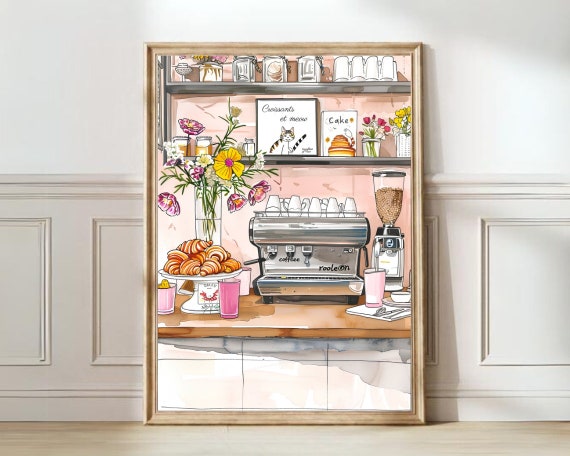 Parisian Cafe Print Paris Print Coffee Print Cafe Illustration Preppy Pink Print Cafe Illustration Croissant Print