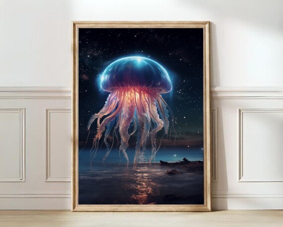 Glowing Blue Jellyfish Night Ocean Surreal Celestial Art Poster