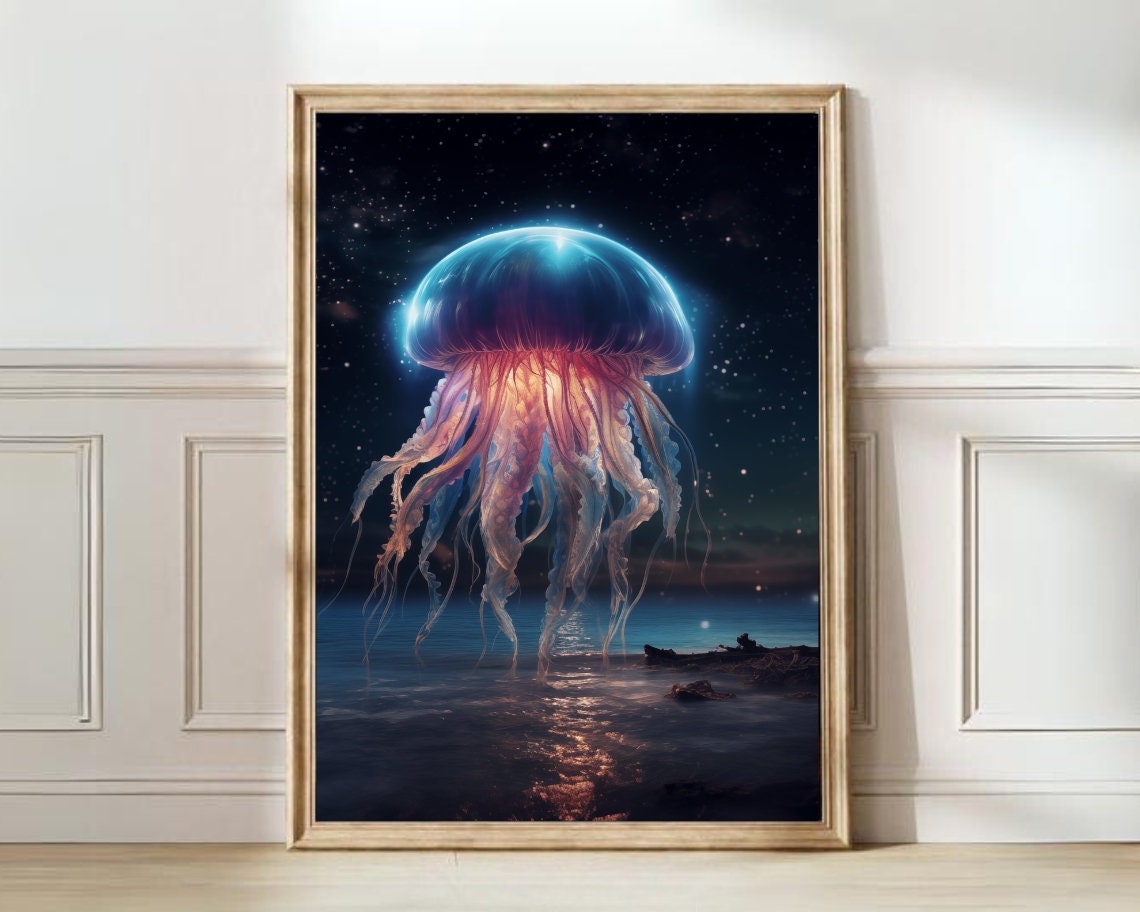 Glowing Blue Jellyfish Night Ocean Surreal Celestial Art Poster