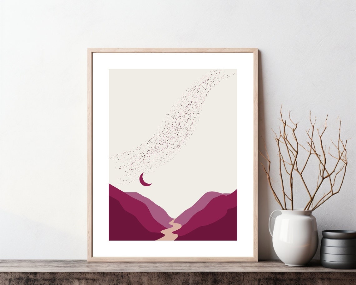 Magenta Mountain Moon Minimalist Abstract Landscape Art Poster