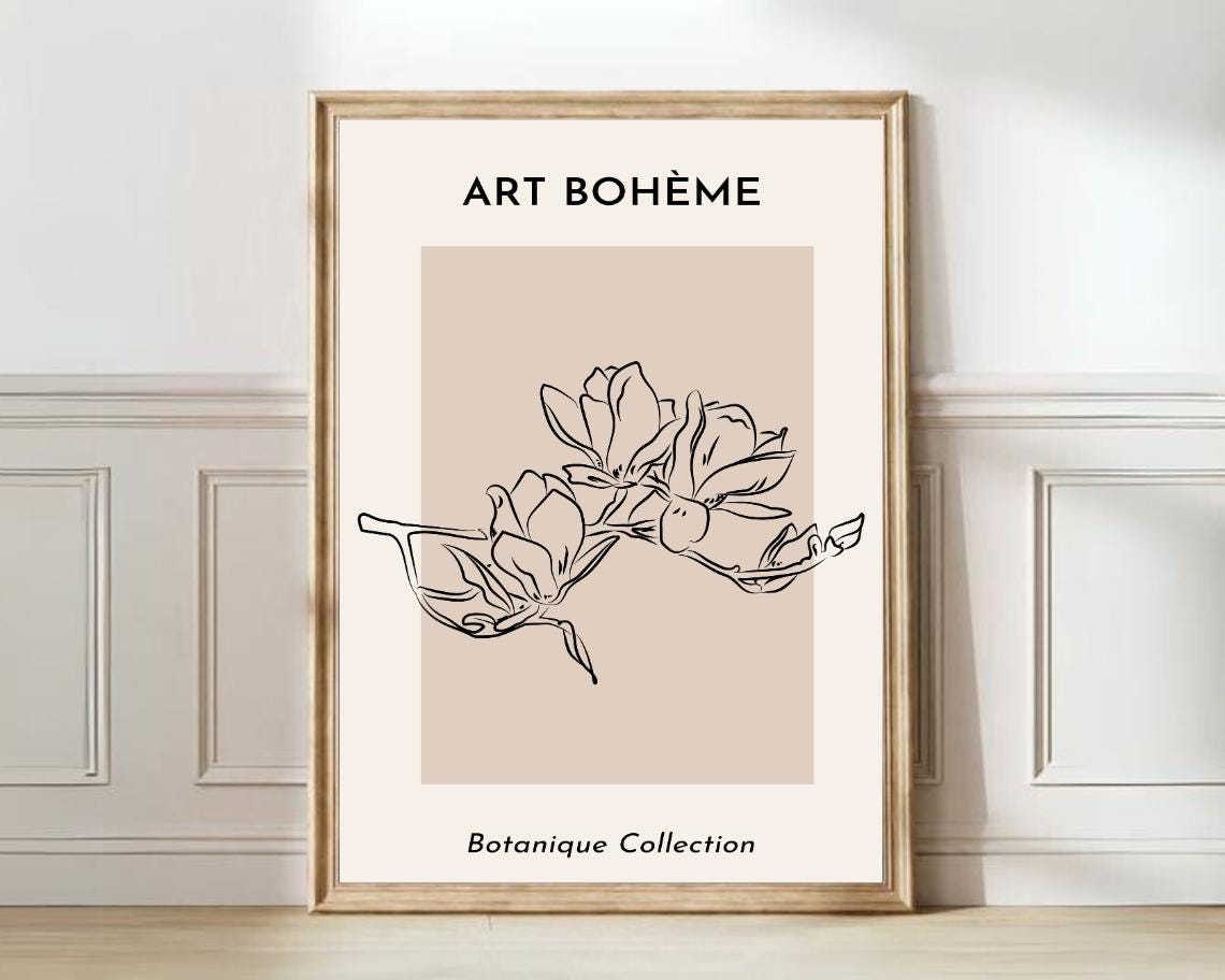Art Boheme Botanical Poster with Delicate Magnolia Line Art on Beige