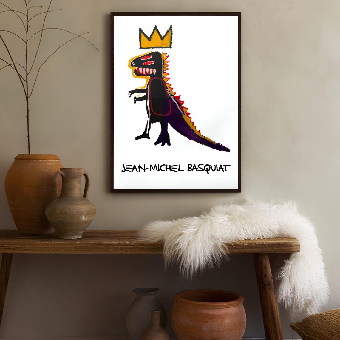 Jean-Michel Basquiat Crowned Dinosaur White Background Poster - Image 2