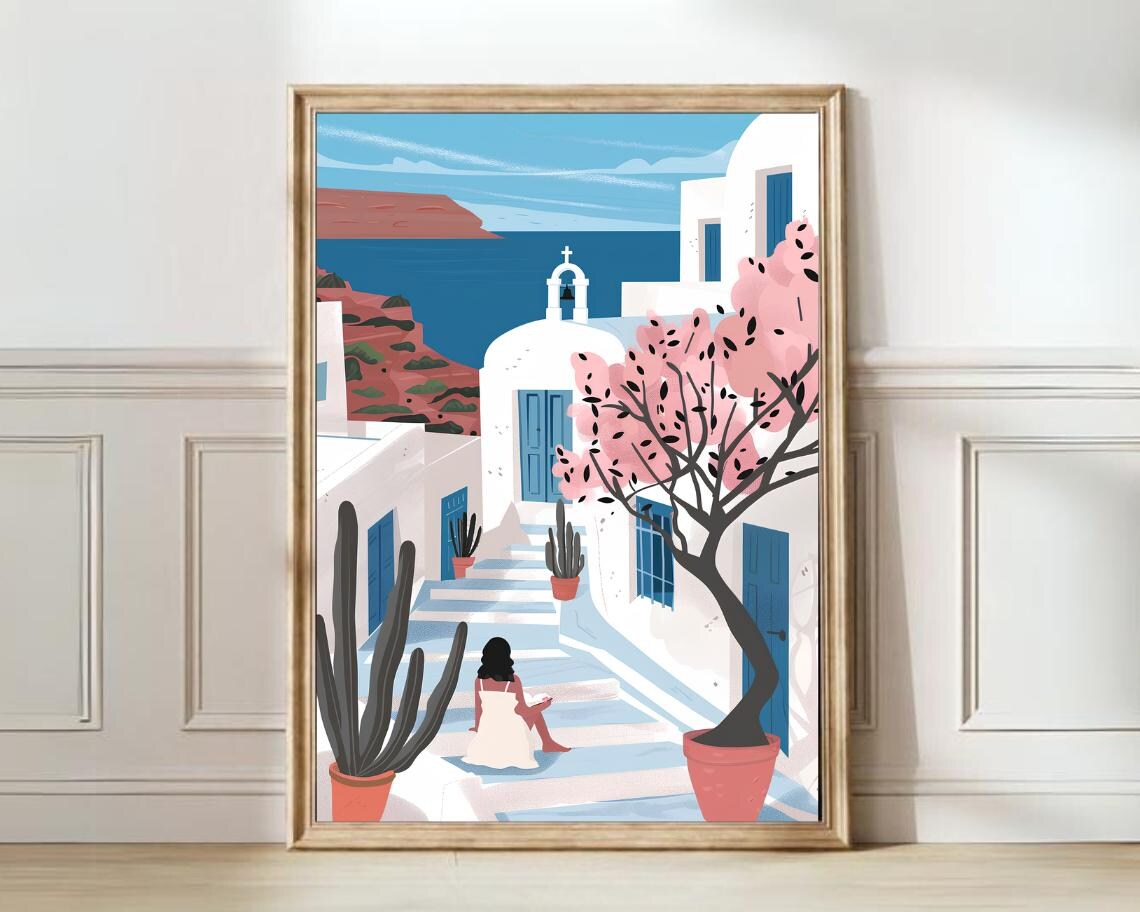 Santorini Travel Poster, Greece Nostalgia Print