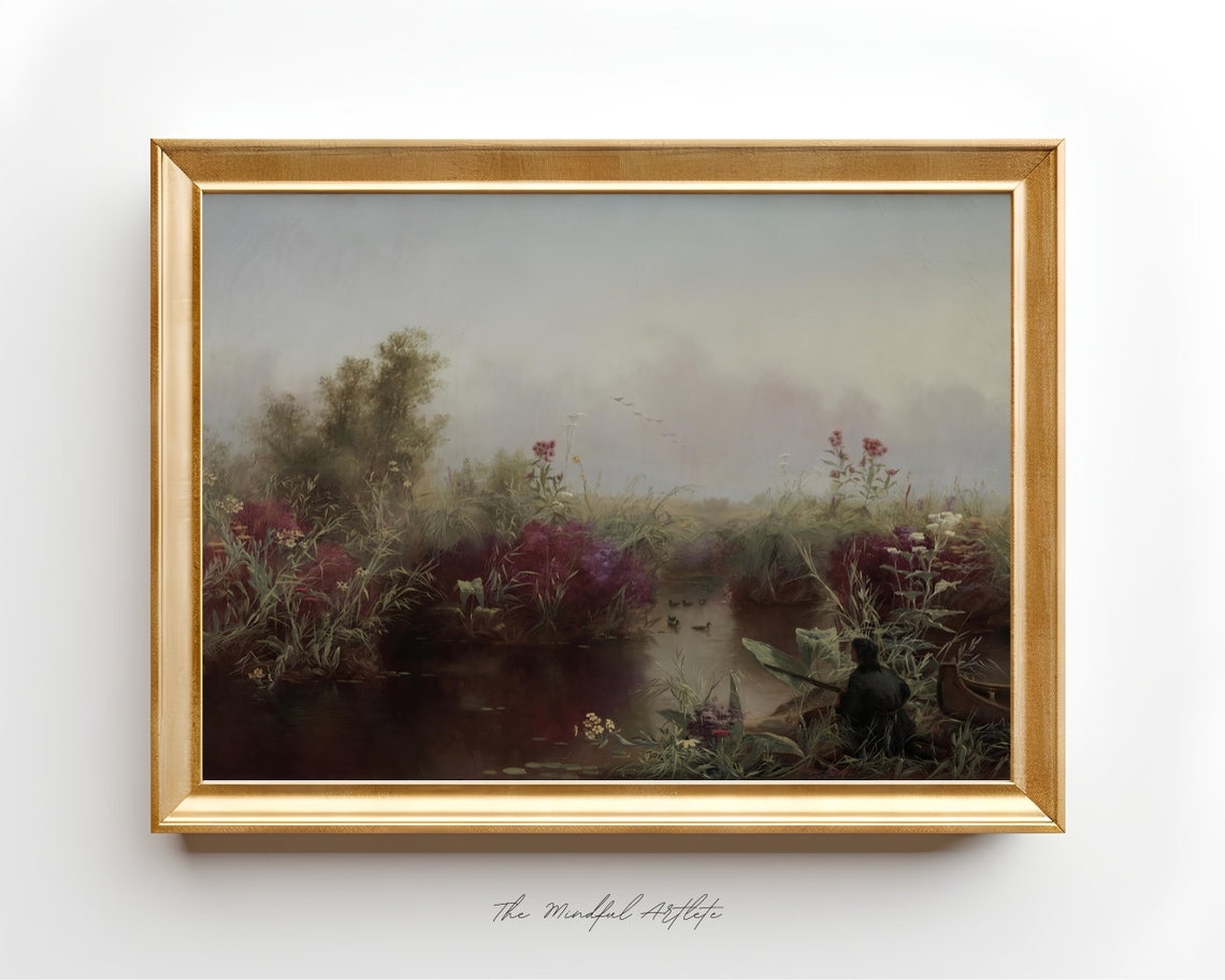 Vintage Lake Painting Vintage Landscape Painting Wildflowers Painting Lake Print Vintage Print Farmhouse Decor Rustic Country Art Print