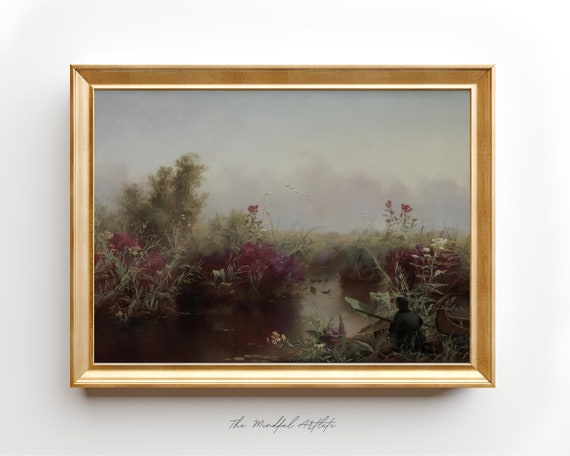 Vintage Lake Painting Vintage Landscape Painting Wildflowers Painting Lake Print Vintage Print Farmhouse Decor Rustic Country Art Print
