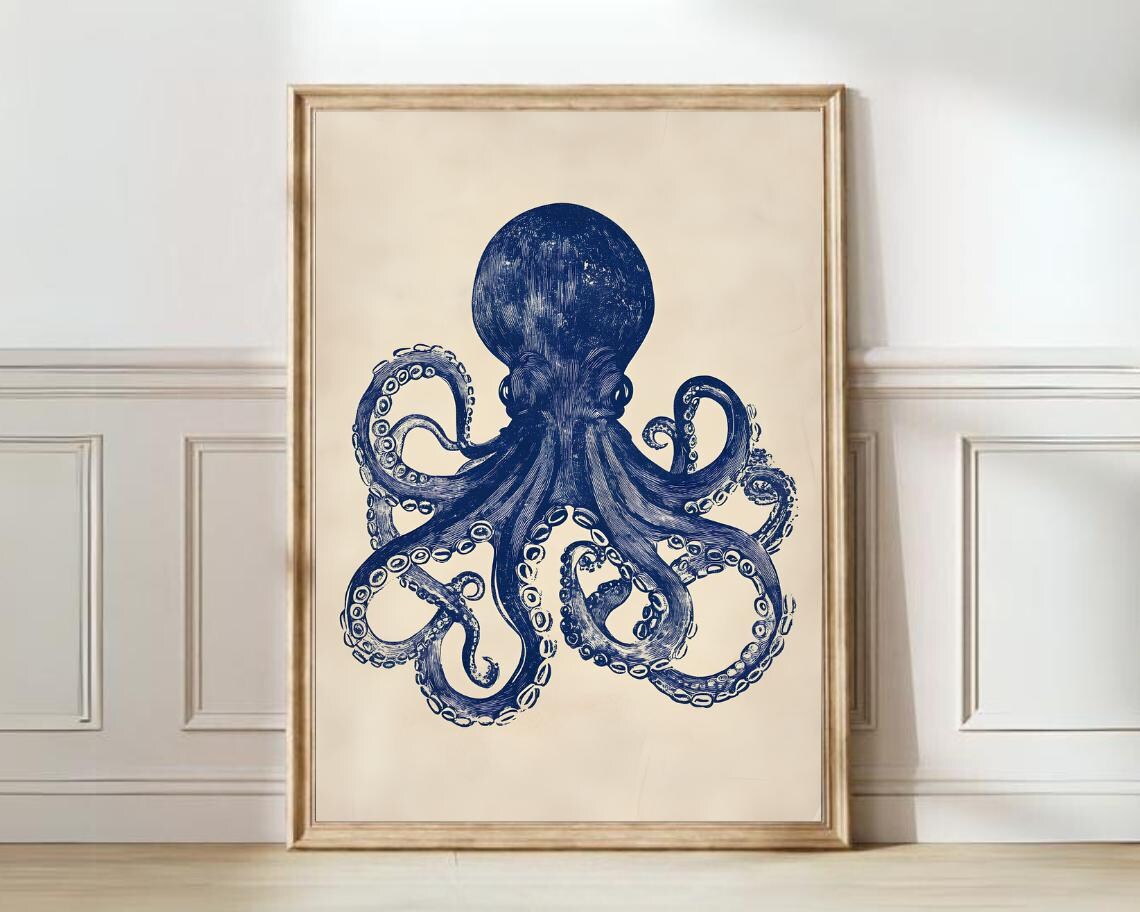 Octopus Linocut Vintage Poster, Eclectic Kitchen Art