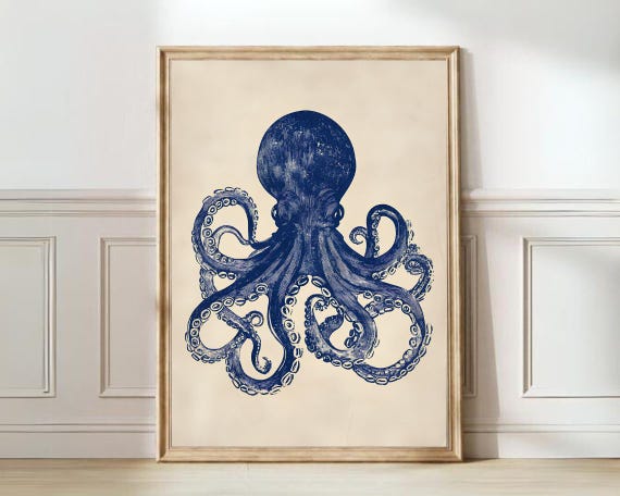 Octopus Linocut Vintage Poster, Eclectic Kitchen Art