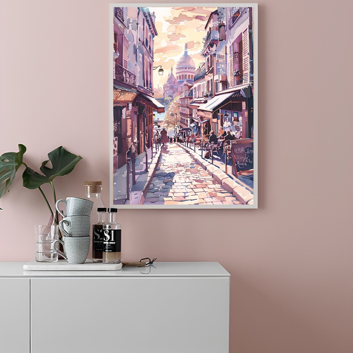 Paris Montmartre Street with Sacre Coeur Watercolor Sunset Poster - Image 2