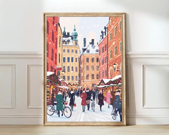 Stockholm Winter Snowy Street Christmas Market Cyclists Scene Poster