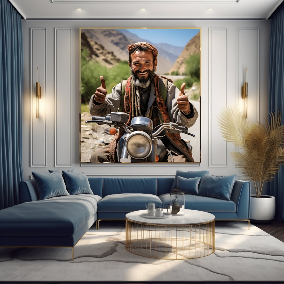 Smiling Afghan Man Giving Thumbs Up on Motorcycle Travel Poster - Image 3