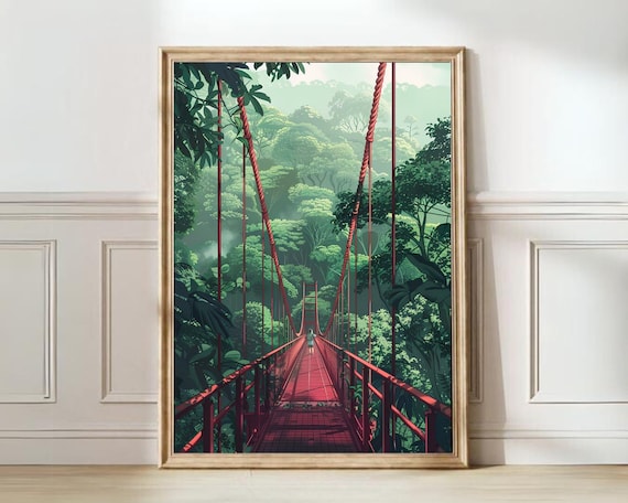 Costa Rica Lush Rainforest Red Hanging Bridge Nature Art Poster