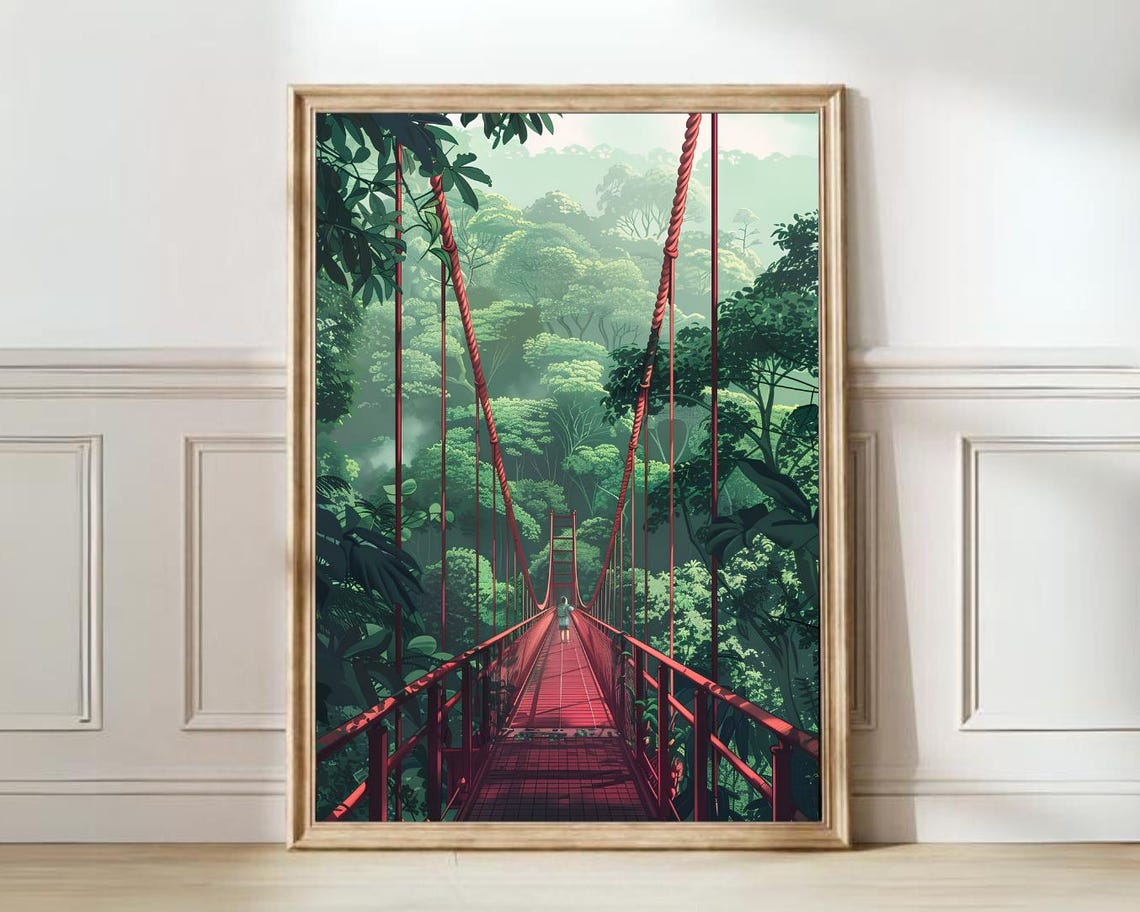 Costa Rica Lush Rainforest Red Hanging Bridge Nature Art Poster