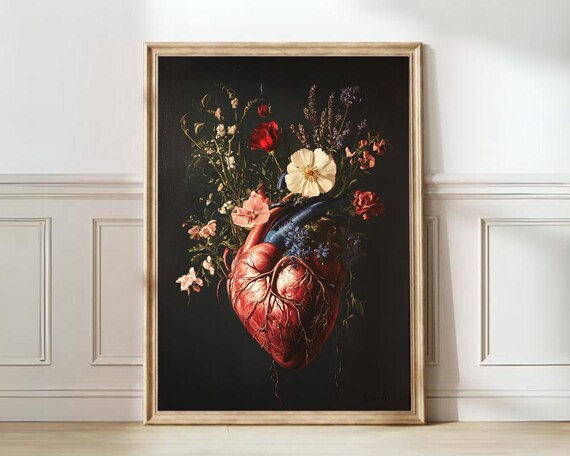 Vintage Floral Heart Anatomy Dark Botanical Medical Art Poster