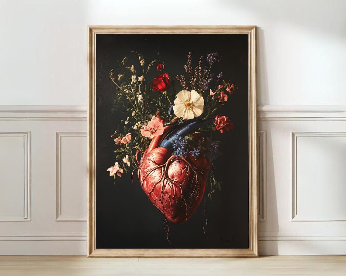 Vintage Floral Heart Anatomy Dark Botanical Medical Art Poster