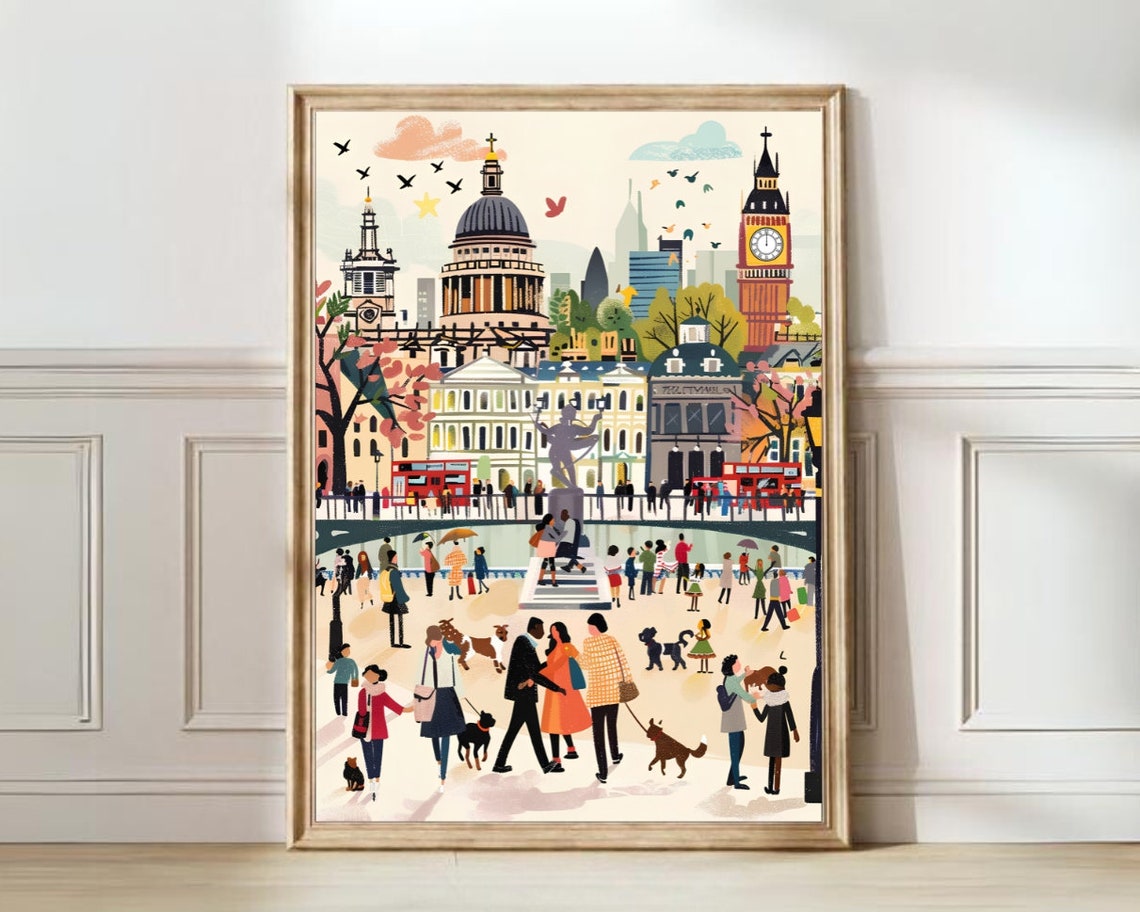 London St Pauls Cathedral Big Ben Red Buses Illustrated Poster