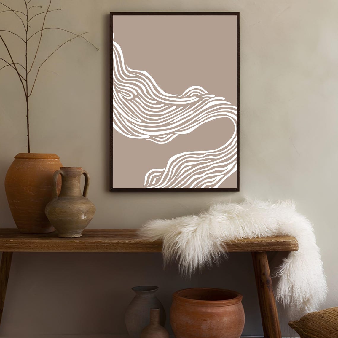 White Flowing Organic Lines On Taupe Minimalist Abstract Art Poster - Image 3
