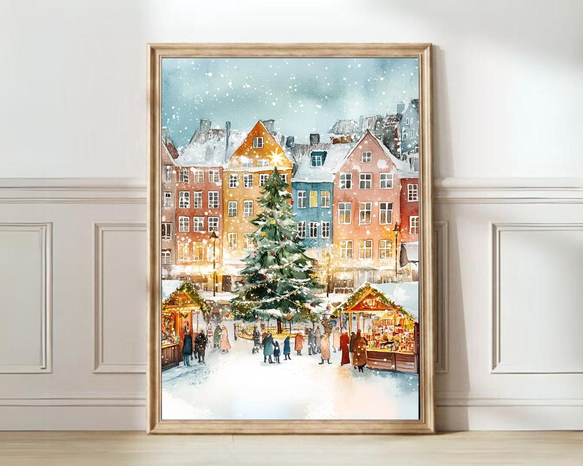 Copenhagen Winter Christmas Market Colorful Houses Snowy Art Poster