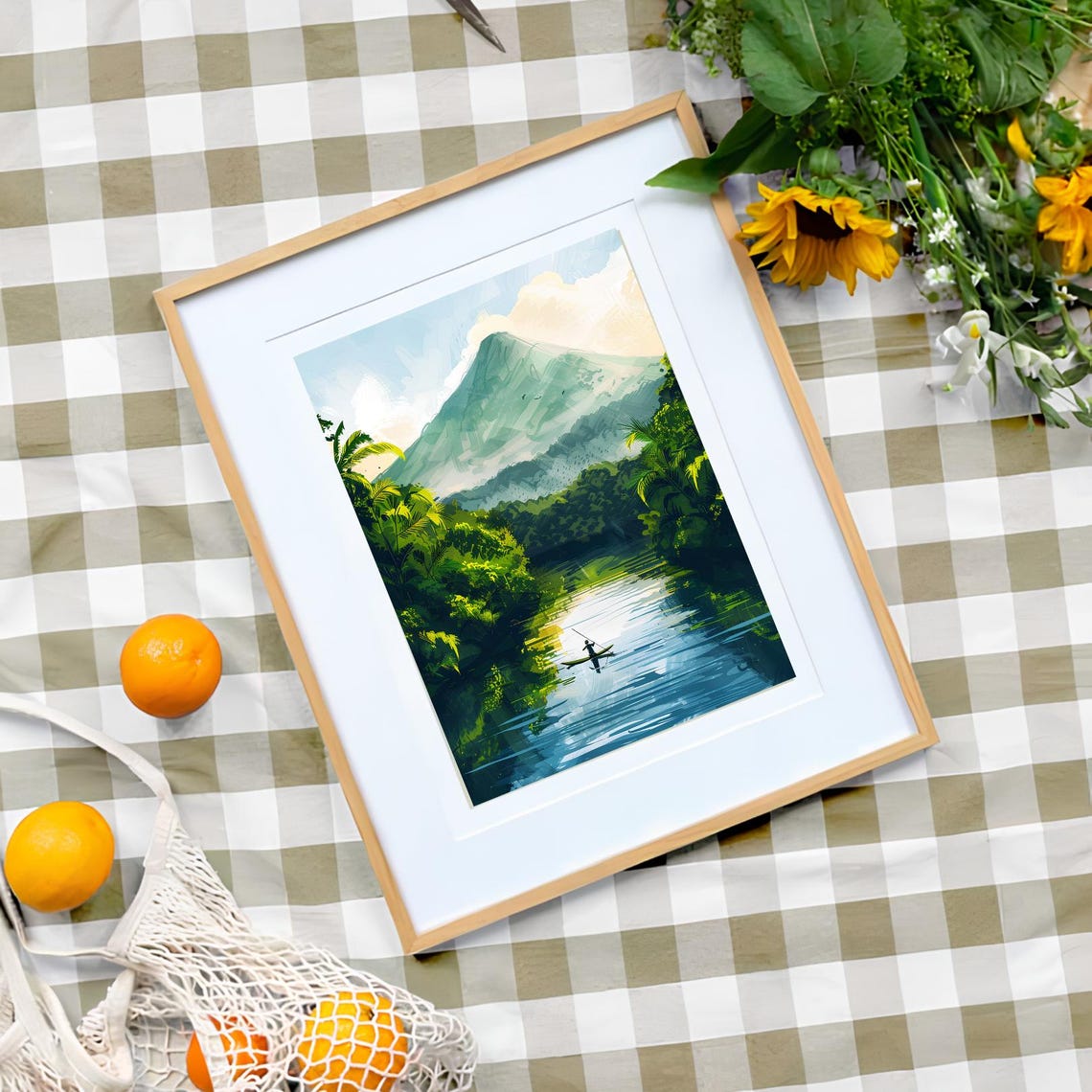 Nicaragua Volcano Over Jungle River Canoe Tropical Scene Poster - Image 3