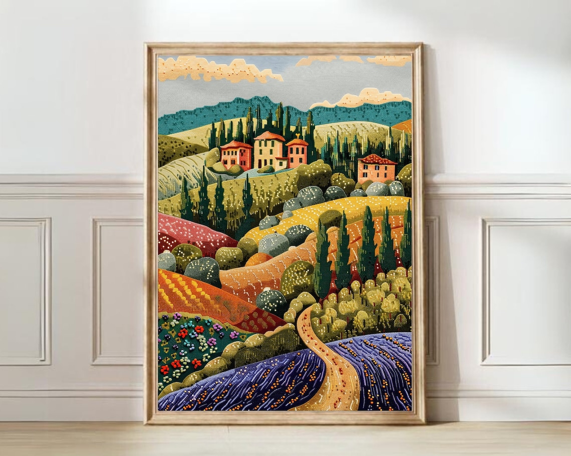 Tuscany Mosaic Travel Poster, Eclectic Italy Art