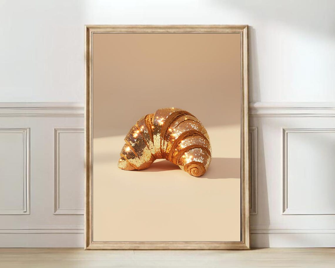Golden Glitter Croissant Beige Background Disco Pop Art Food Poster