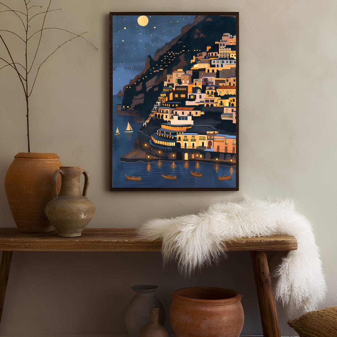 Positano Italy Night Lights Coastal Town Illustration Poster - Image 2