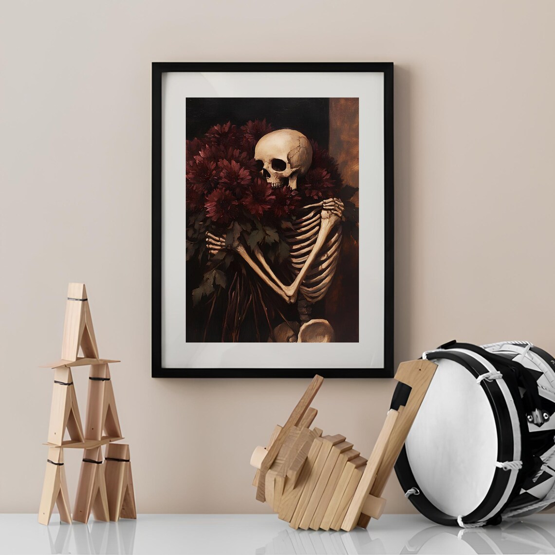 Skeleton Embracing Crimson Chrysanthemums Gothic Floral Halloween Poster - Image 2