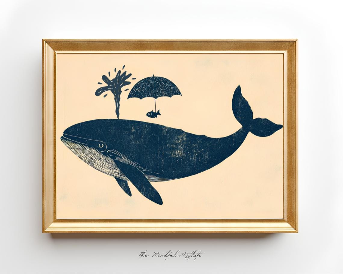 Playful Blue Whale Umbrella Vintage Nautical Animal Art Poster