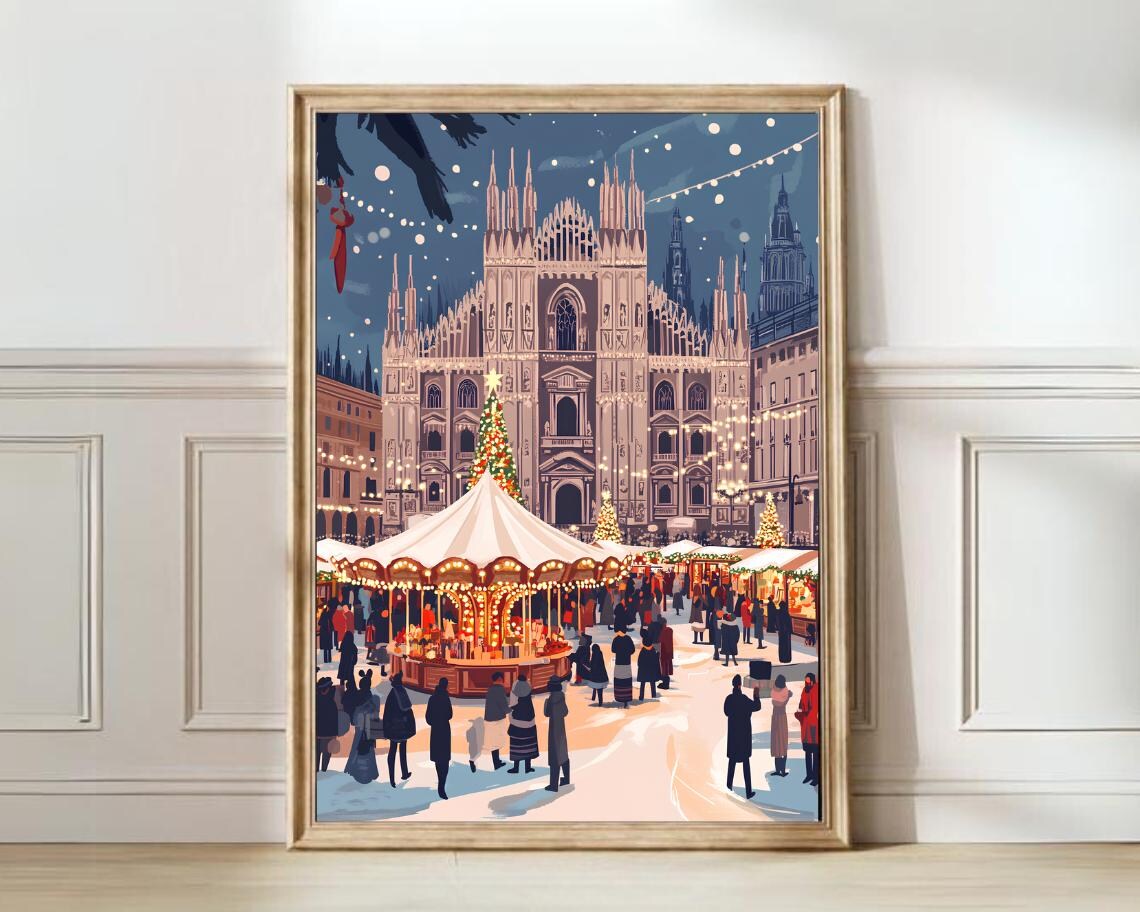Milan Duomo Christmas Market Carousel Evening Holiday Lights Poster