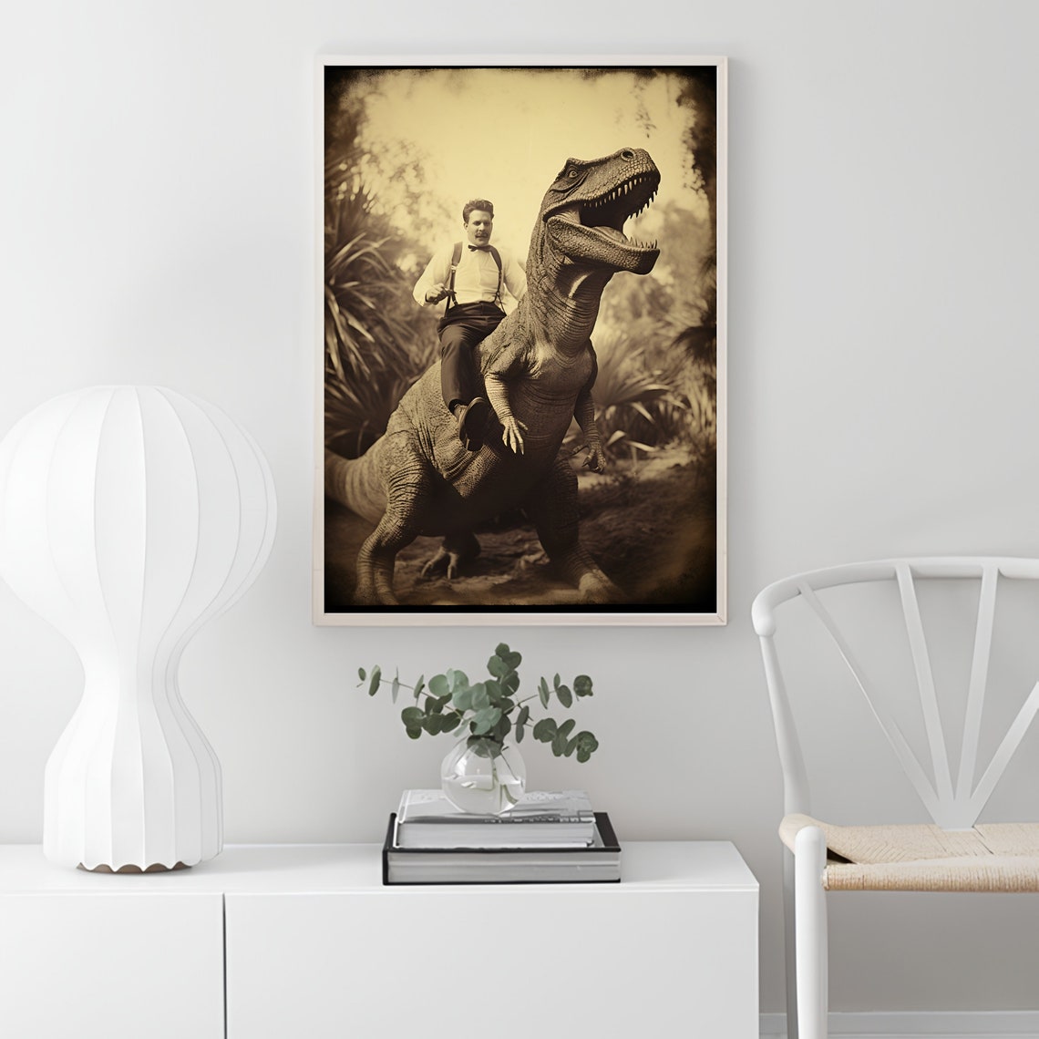 Dapper Gentleman Riding A T-Rex Vintage Sepia Photo Art Poster - Image 2
