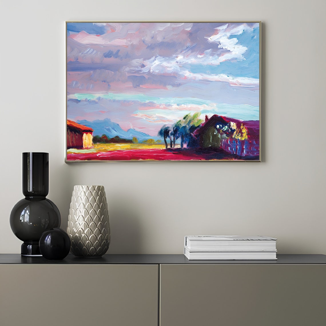 Vintage Impressionist Farmhouse at Sunset Countryside Poster - Image 2