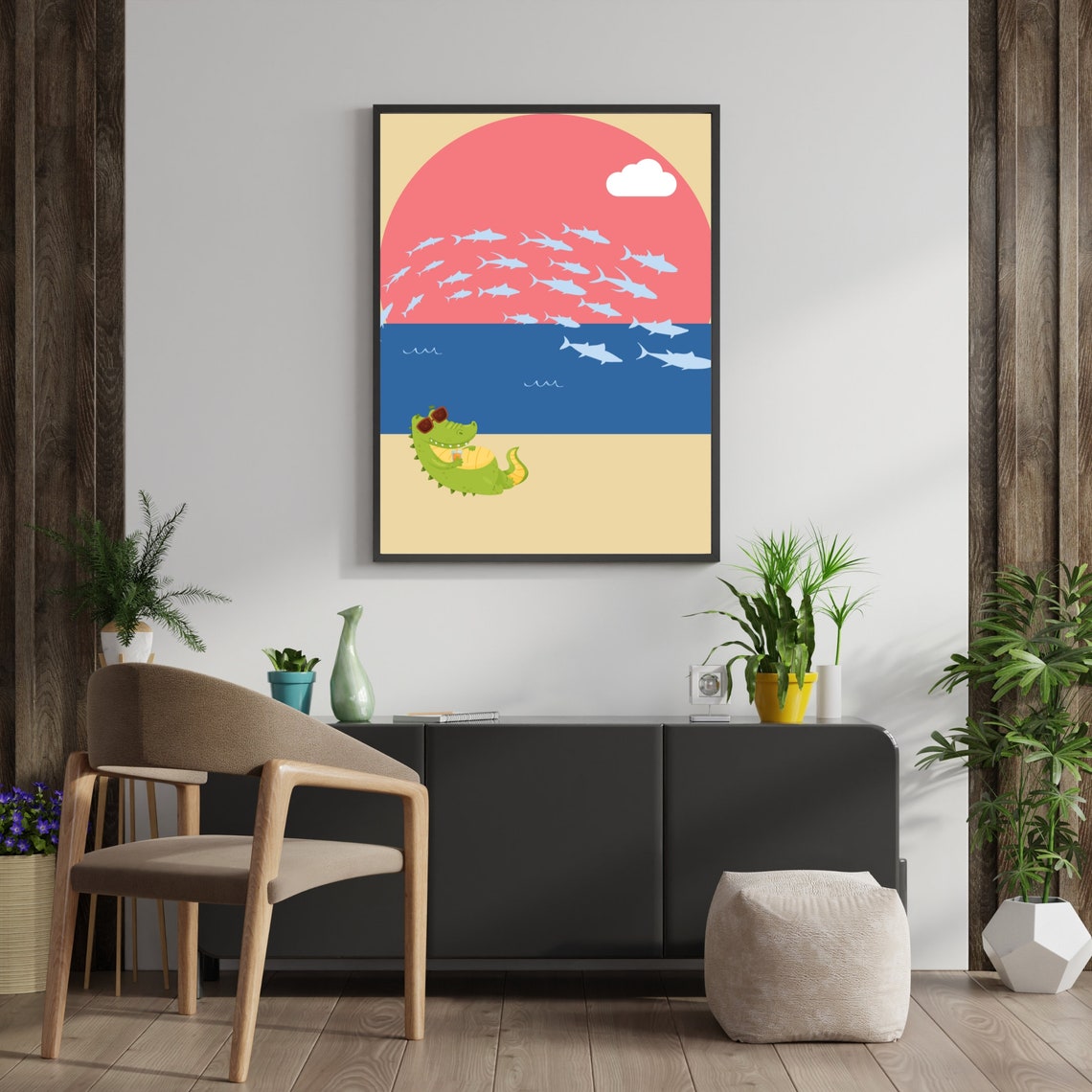 Cute Crocodile Sunbathing at Sunset Beach Funny Animal Poster - Image 2