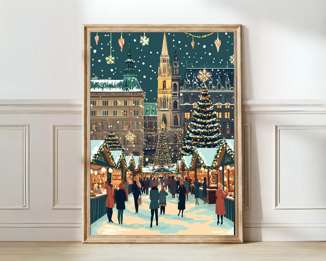 Vienna Christmas Market Snowfall Festive Trees Illustration Poster
