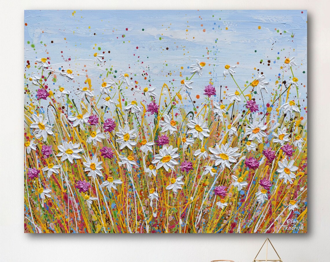 White Daisy Meadow Wildflower Field Pink Blossom Impasto Art Print