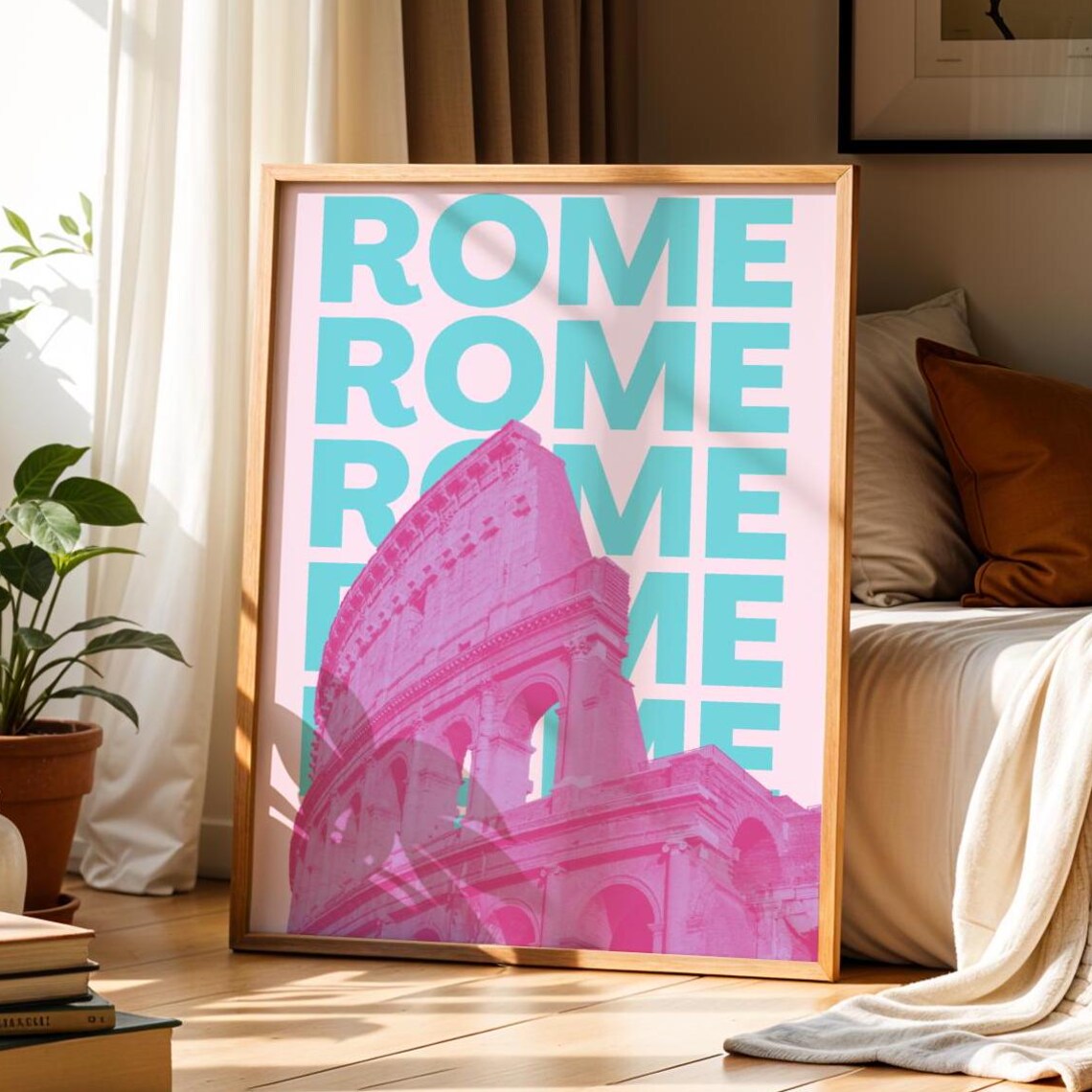 Rome Italy Travel Poster, Pink Blue Colosseum