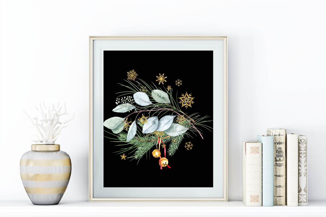 Jingle Bells Chalkboard Pine Bouquet Gold Bells Christmas Wall Art - Image 3