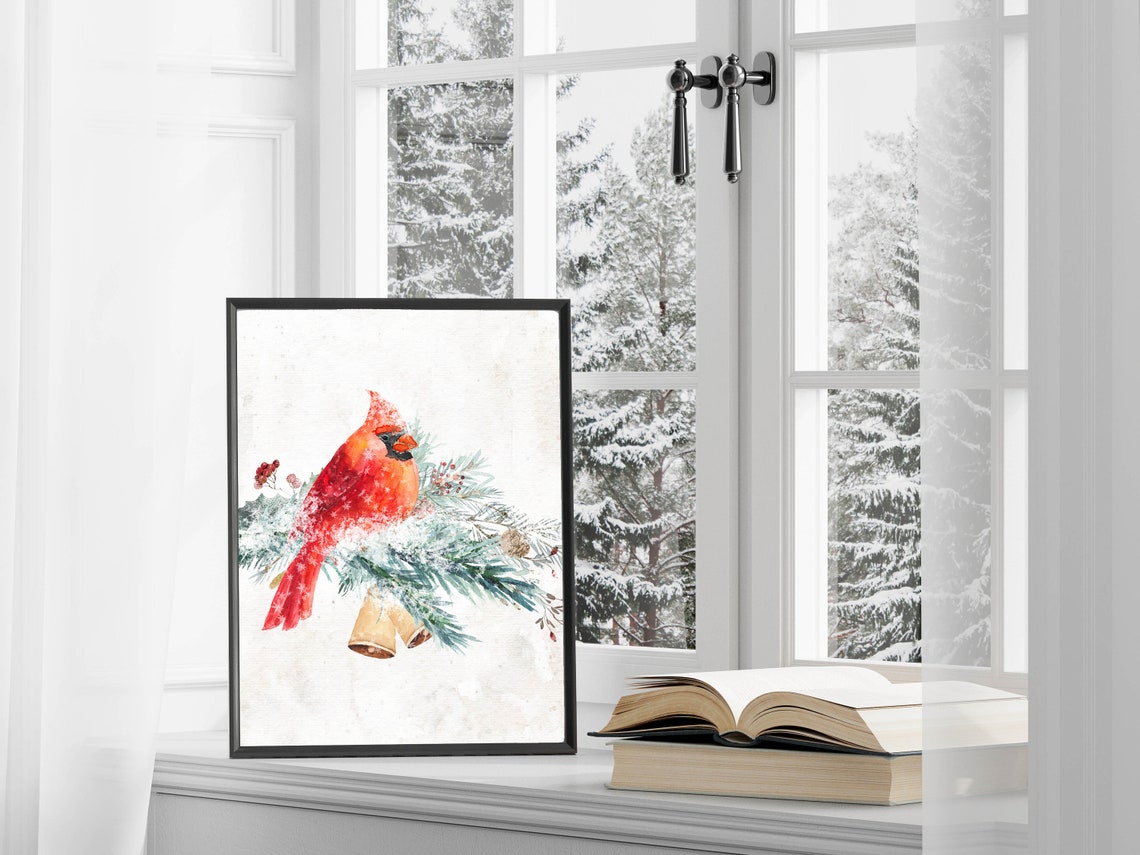 Red Cardinal On Snowy Pine Branch Golden Bells Winter Bird Poster - Image 6