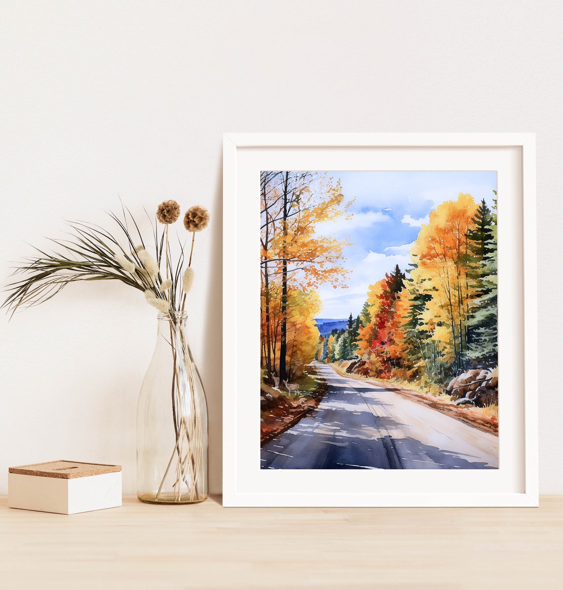 Golden Autumn Forest Road Watercolor Fall Landscape Art Print - Image 2