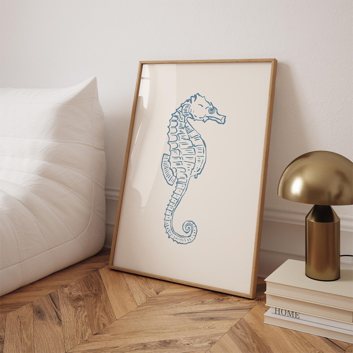 Blue Seahorse Hand-Drawn Line Art Minimal Coastal Ocean Wall Art