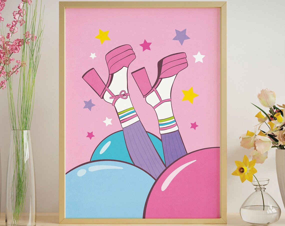 Playful Pop Art Pink Cowboy Boots Among Bubbles and Stars Poster