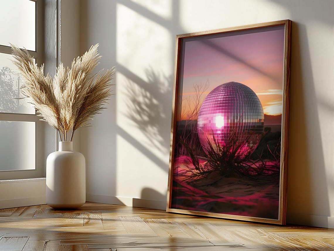 A Giant Disco Ball Resting In A Pink Desert Sunset Landscape Poster - Image 2