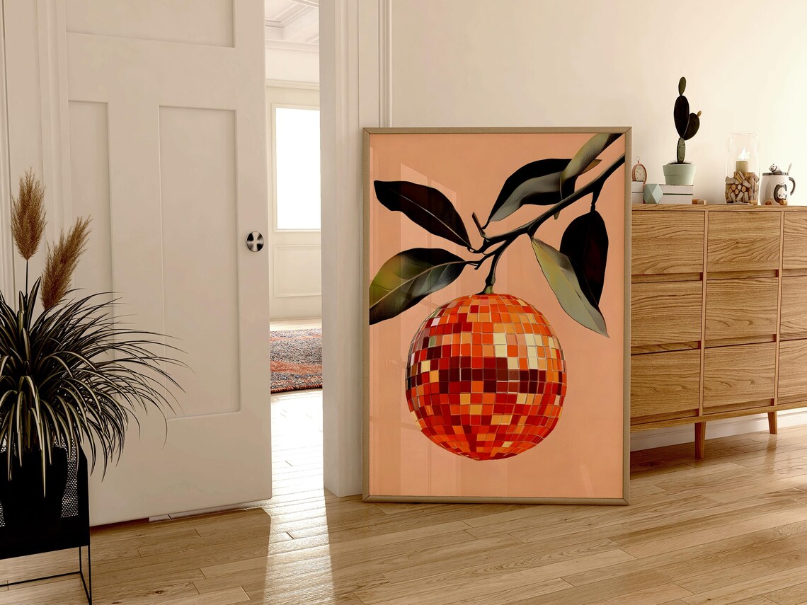 Retro Orange Disco Ball Art Print, Kitchen Bar Poster - Image 2