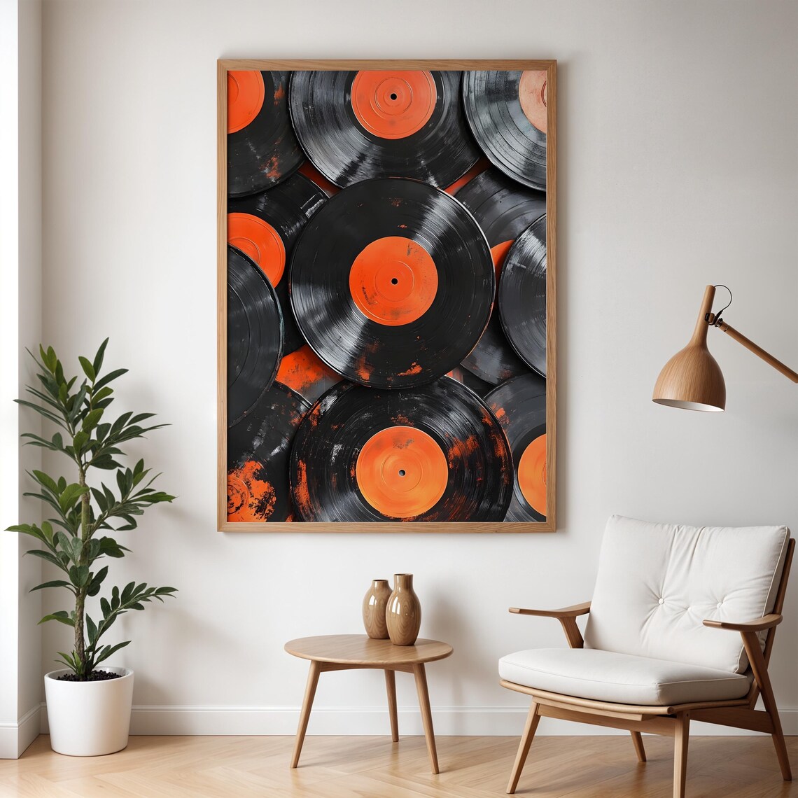 Pile Of Vinyl Records With Orange Labels Grunge Music Poster - Image 4