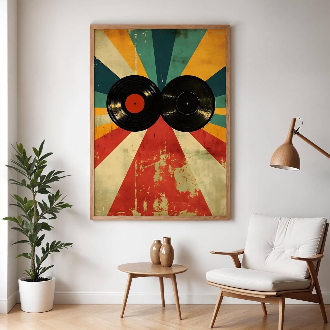 Two Vintage Vinyl Records On A Retro Red And Teal Sunburst Poster - Image 3